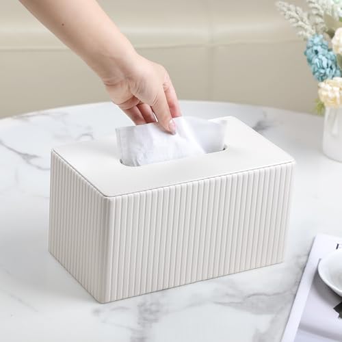 Extra Large Tissue Box Cover Rectangle, Ivory | Fits 180 to 230 Count Box of Tissues, PU Leather Tissue Holder with Magnetic Closure