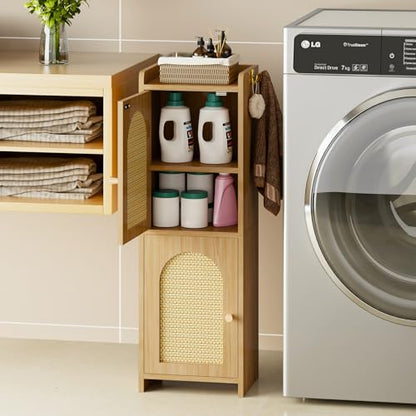 Arbuxzuy Rattan Bathroom Storage Cabinet with 2 Doors and Adjustable Shelf | Oak Corner Floor Cabinet, Narrow Toilet Paper Cabinets with 2Hooks, Toilet Organizer for Small Spaces, 7.87"D*9.84"W*29.72"H