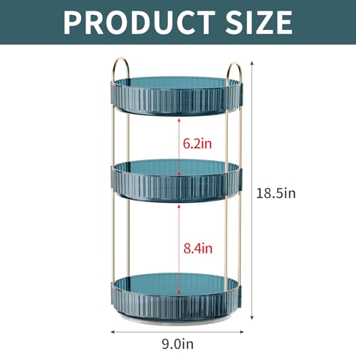 INVSSENE 360° Rotating Makeup Organizer, Bathroom Organizers and Storage Holder Rack, Large Capacity Vanity Shelf Countertop, Fits Cosmetics, Perfume, Skin Care(Blue, 3 Tiers)
