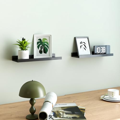 Black Floating Shelves for Wall Decor, 14 in Shelf with Lip Set of 2 | 4.5" Deep Display Picture Ledge Shelf, Wall Mounted Wood Storage Shelves for Bedroom, Bathroom, Living Room, Kitchen Nursery