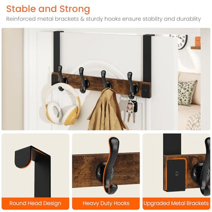 Over The Door Hooks Heavy Duty, Wood Over Door Hanger Hook with Coat Hooks for Hanging Towels, Clothes, Hats, Bags - Rustic Brown Black