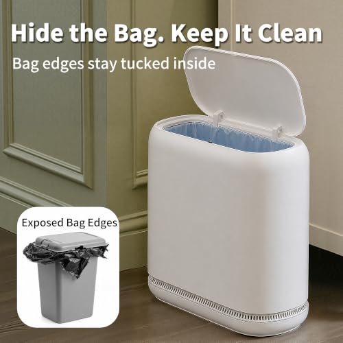 Small Bathroom Trash Can with Lid, 2.3 Gallon Slim Trash Can, Narrow Garbage Can with Hidden Liner & Auto-Smooth Bag Fit, Press-to-Open Lid, White, for Bathroom, Bedroom, Office, Kitchen