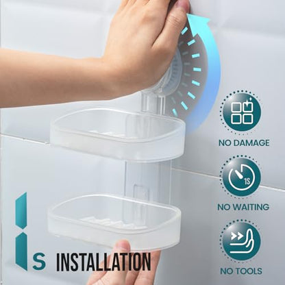 TAILI Soap Holder, Soap Dish for Shower Suction Cup, Bar Soap Holder, Clear | 2 Layer Removable Soap Holder Shower, Soap Tray for Shower Wall, Drill Free Sponge Holder, Bathroom & Kitchen, No drill
