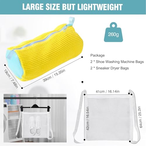 Shoe Washing Machine Bag, Shoe Laundry Bag for Washer and Dryer | 2 Pack Shoe Cleaning Bag for Sneakers & Tennis Shoes, XXL Size, Shoe Protection, Dry Bags, Zipper Hook, Travel & Dorm Storage