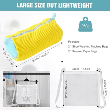 Shoe Washing Machine Bag, Shoe Laundry Bag for Washer and Dryer | 2 Pack Shoe Cleaning Bag for Sneakers & Tennis Shoes, XXL Size, Shoe Protection, Dry Bags, Zipper Hook, Travel & Dorm Storage