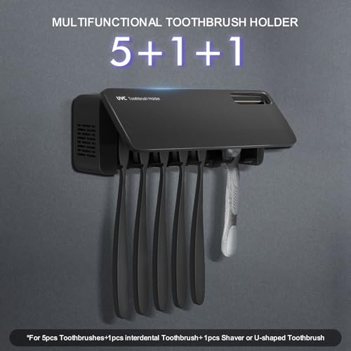 UV Toothbrush Sanitizer Holder with 360° Disinfection, Mold & Odor Removal | Auto-Cycle UVC, Timer Function & Fan Drying | Wall Mounted 5+1+1 Slot Toothbrush Holders for Bathrooms,Toothbrushes & Razor