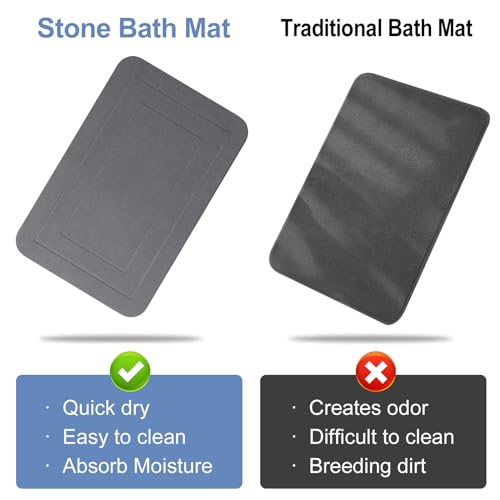 2 Pack Stone Bath Mat, Diatomaceous Earth Shower Mat, Non-Slip Super Absorbent Quick Drying Bathroom Kitchen Floor Mat (Grey, 24x15)