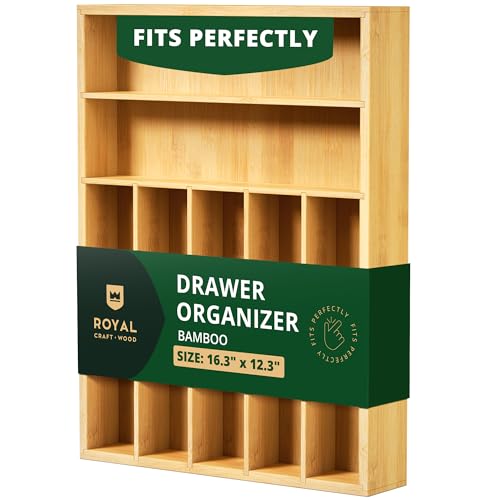 ROYAL CRAFT WOOD Luxury Bamboo Utensil Rack and Silverware Organizer, Kitchen Drawer Organizer - Utensil Holder and Cutlery Tray with Grooved Drawer Dividers for Flatware 7 Slot, Natural