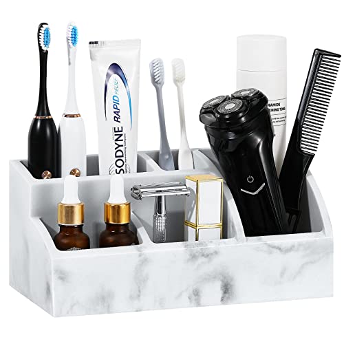 Luxspire Bathroom Counter Organizer, 5 Slots, Gravel White | Toothbrush Holder for Bathroom, Marble Bathroom Accessories for Toothbrush Toothpaste