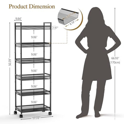 6 Tier Slim Rolling Storage Cart, Narrow Mobile Shelving Unit Organizer Utility Cart with Wheels, Metal Wire Storage Rack with Baskets for Kitchen, Bathroom, Laundry & Living Room, 10in(W) Black
