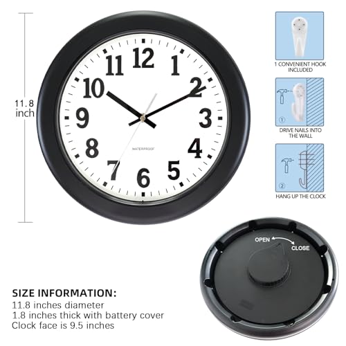 Caysie 12 Inch Sealed Indoor Outdoor Clock Waterproof, Silent Battery Operated Weatherproof Wall Clocks for Pool Patio Outside Home (Black)