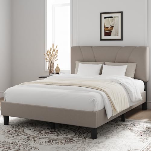 Novilla King Size Bed Frame with Adjustable Headboard Platform King Bed Frame Linen Fabric Upholstered Headboard, No Box Spring Needed, Noise-Free, Wooden Slats Support, Easy Assembly, Beige