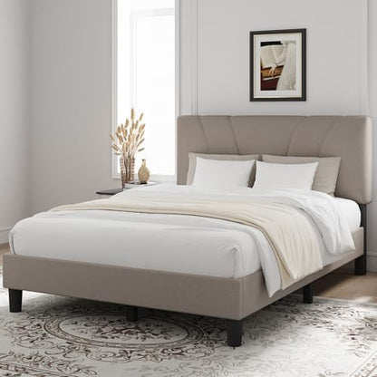 Novilla King Size Bed Frame with Adjustable Headboard Platform King Bed Frame Linen Fabric Upholstered Headboard, No Box Spring Needed, Noise-Free, Wooden Slats Support, Easy Assembly, Beige