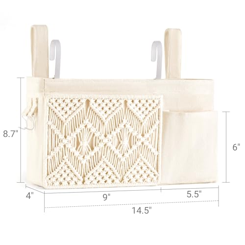 Mkono Bedside Caddy, Macrame Hanging Organizer, 4 Pockets Ivory Metal Hooks | Dorm Room Essentials, Boho Storage, Bunk Loft Bed Bedroom Nursery, Laptop Phone Remote Magazine Glasses, Fixed Straps