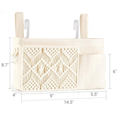 Mkono Bedside Caddy, Macrame Hanging Organizer, 4 Pockets Ivory Metal Hooks | Dorm Room Essentials, Boho Storage, Bunk Loft Bed Bedroom Nursery, Laptop Phone Remote Magazine Glasses, Fixed Straps