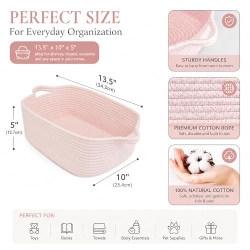XUANGUO Medium Woven Cotton Rope Storage Basket with Handles, Light Pink | Small decorative rectangle storage bin for baby nursery items and cat toys; ideal as an empty gift basket or dog toy basket
