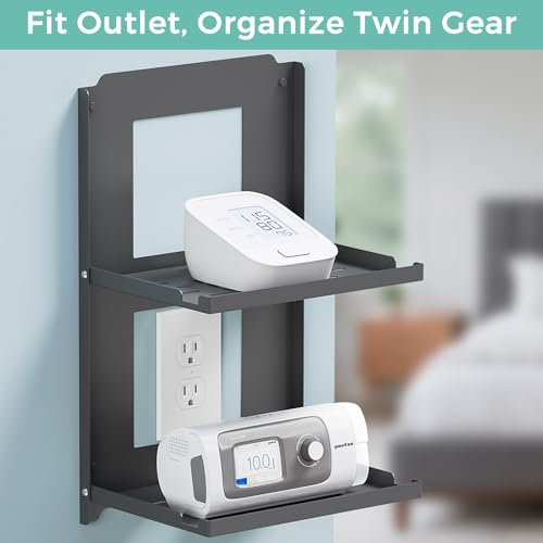 2-Tier Router Shelf Wall Mount Foldable - 10 inch Metal Outlet Shelf w/Cable Holes | Dual-Layer Organize & Connect for Router and Modem & Smart Home Decor | Folds Up & Stackable (Medium)