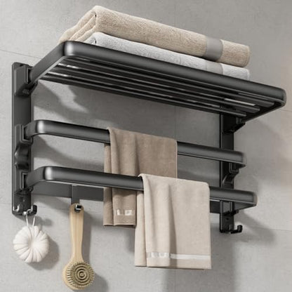 24-Inch Towel Rack,Bathroom Towel Shelf with 2 Towel Bar Foldable Towel Holder with 7 Hooks Towel Storage Organizer for Bathroom & Lavatory Wall Mounted (Matte Black)