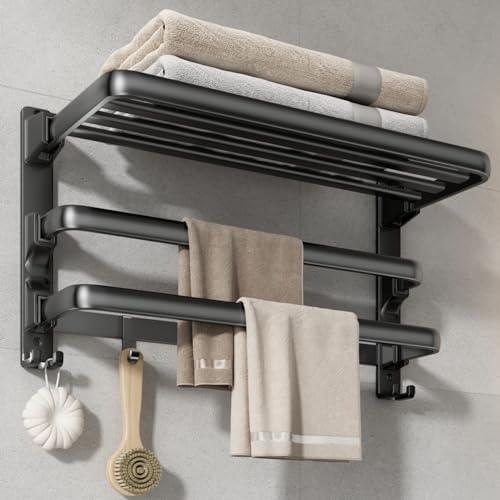 24-Inch Towel Rack,Bathroom Towel Shelf with 2 Towel Bar Foldable Towel Holder with 7 Hooks Towel Storage Organizer for Bathroom & Lavatory Wall Mounted (Matte Black)