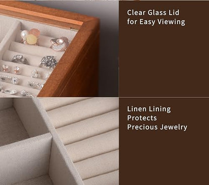 Clasin Home Jewelry Box with Glass Lid, 3 Layer Jewelry Organizer for Women, Solid Wooden Jewelry Box Display for Ring Earrings Necklace Bracelet, Pine Wood Jewelry Boxes Vintage Style for Gifts