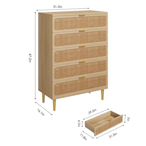 GarveeHome Rattan 5 Drawer Dressers for Bedroom, Deep Drawer, Natural | Tall Dresser, Wide Top, for Living Room, Hallway, Kids Room, Large Chest of Drawers for Closet, Long Wooden Dresser