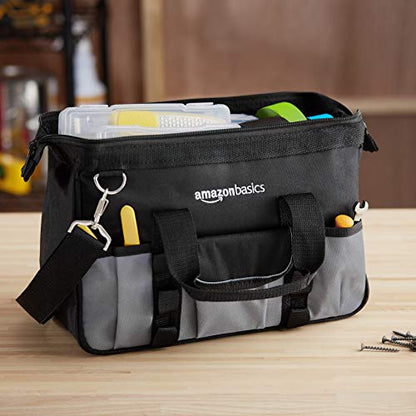 Amazon Basics Durable Wear-Resistant Tool Storage Bag with Adjustable Shoulder Strap, Portable Tool Organizer, 16 Pockets, 12 in, Black & Gray