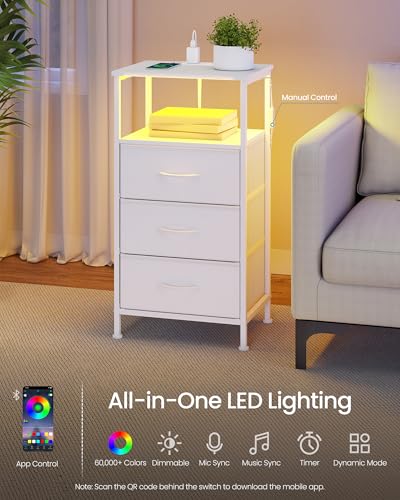 SONGMICS BELLAH Collection - Nightstand with Charging Station and App-Controlled Adjustable LED Lights, Bed Side Table, 3 Drawers and 1 Open Shelf, Modern, Cloud White and Snow White ULGS303WH01S