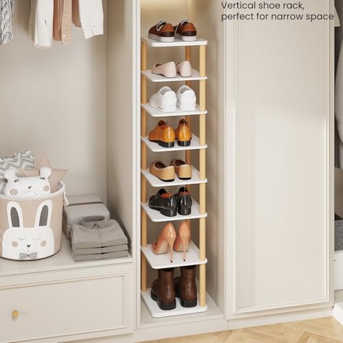 8 Tiers Vertical Shoe Rack, Tall Narrow Shoe Tower, Corner Shoe Rack, White | Small Shoe Organizer for Entryway, Closet, Dorm & Small Spaces, Freestanding Wooden Shoe Shelf for Boots, Sneakers, Heels.
