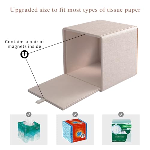 Linen Square Tissue Box Cover,Cube Tissue Box Holder－Excellent Rosegold Leather Decoration,Table Napkin Case Dispenser,Facial Tissues Organizer with Magnetic Bottom for Home Office Car(Beige)