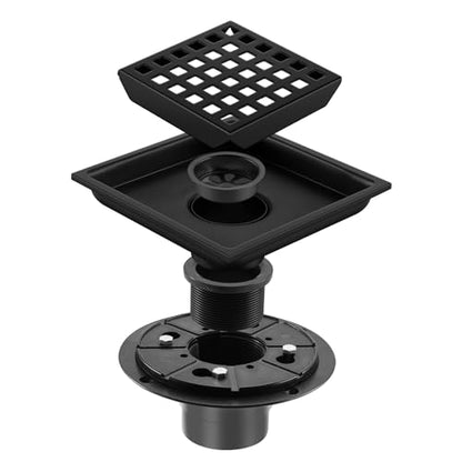 Shower Drain, Matte Black 4 inch Square Shower Floor Drain with Flange, Removeable Grid Panel SUS 304 Stainless Steel Square Shower Drain