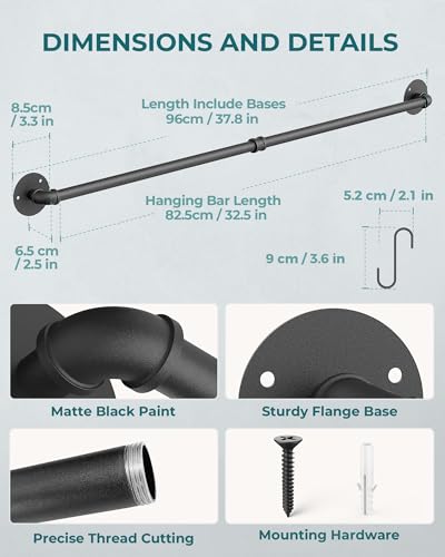 OROPY 38'' Pot Rack Wall Mounted, Iron Pipe Hanging Pot Rack, 14 S Hooks | Industrial Utensils Kitchen Hanging Rail, Pot and Pan Organizer, Pot Lid Organizer, Black