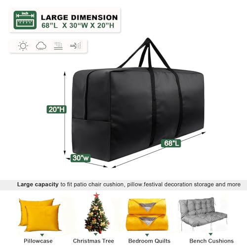 68" Extra Large Waterproof Outdoor Cushion Storage Bag, Heavy Duty Patio Furniture Cover with Zipper & Handles for Chair Cushions, Christmas Tree Storage, Pool Decor & Moving, Black/Beige (Black)