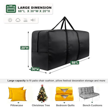 68" Extra Large Waterproof Outdoor Cushion Storage Bag, Heavy Duty Patio Furniture Cover with Zipper & Handles for Chair Cushions, Christmas Tree Storage, Pool Decor & Moving, Black/Beige (Black)
