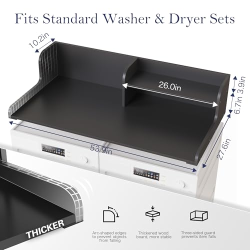 DTK Washer Dryer Wood Countertop with Shelf, Laundry Topper with Non-Slip Mat,27.55" Depth x 54" Width Dryer Covers for The Top with Edge Rails, Black