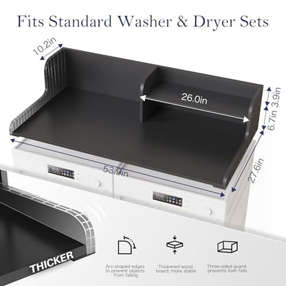 DTK Washer Dryer Wood Countertop with Shelf, Laundry Topper with Non-Slip Mat,27.55" Depth x 54" Width Dryer Covers for The Top with Edge Rails, Black