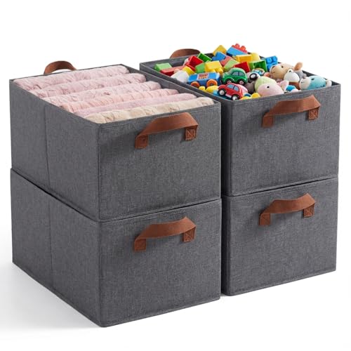 4 Pack Large Capacity Closet Storage bins, Foldable Storage Bins for Shelves, Large Fabric Closet Organizers with Handles for Clothing, Toys, Books, Shelves
