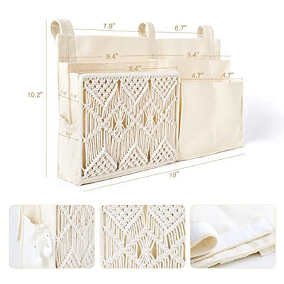 Mkono Bedside Caddy, Macrame Bunk Bed Hanging Organizer, 7 Pockets Ivory | Dorm Room Essentials, Boho Storage Bag, Remote Books Magazines Phone Snacks Drinks Holder, Bedroom Nursery Loft Baby Bed Rail