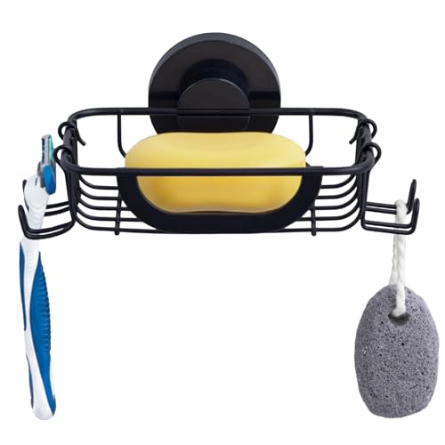 Soap Holder,Soap Dish,Suction Cup,with Hooks,Stain... (Black-1 Tier)