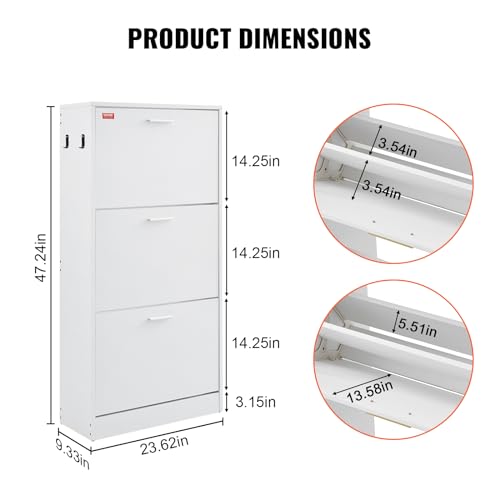 VEVOR Shoe Cabinet with 3 Flip Drawers, Shoe Storage Cabinet for Entryway, Free Standing Shoe Storage Organizer with Side Hooks for Heels, Boots, Slippers in Hallway, Living Room
