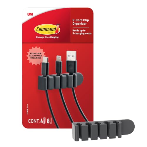 Command 5-Cord Clip Organizer, Black, 4 Clips, 8 Medium Strips | Cord Clip Organizer For Cable Mnagement, Keeps Electronic Cords Hidden, Good For Gaming Setups, Damage Free Cord Organizing