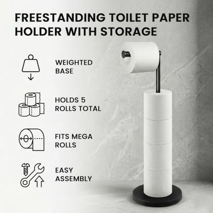 Cesun Free Standing Toilet Paper Holder Stand with Weighted Base, Black | SUS304 Rustproof Steel | Thick Non-Slip Base | Swivel Pivot Design | Slim Footprint | Holds 5 Rolls