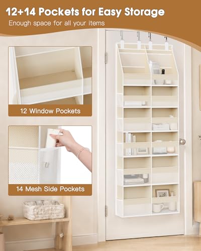 Over the Door Organizer, Extra Large 12 Compartments Closet Hanging Storage with 14 Mesh Pockets, 85lbs Capacity Behind the Door Storage for Baby Nursery, Bathroom, Bedroom, and Dorm, Beige