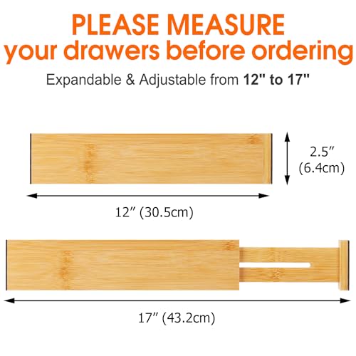 Bamboo Drawer Dividers, Adjustable Drawer Organizers, Fits 12.6–16" Drawers | 2.5" High, 4 Pack Expandable Drawer Separators for Kitchen, Nursery, Dressers & Office Storage, Natural