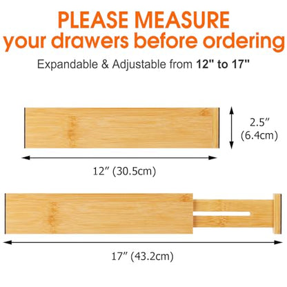 Bamboo Drawer Dividers, Adjustable Drawer Organizers, Fits 12.6–16" Drawers | 2.5" High, 4 Pack Expandable Drawer Separators for Kitchen, Nursery, Dressers & Office Storage, Natural