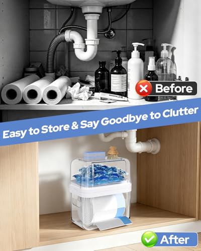 Trash Bag Dispenser & Dishwasher Pods Container, 3 in 1 Clear Acrylic Garbage Bags Holder Under Sink Organizer Laundry Pods Dishwasher Tabs Storage Box for Laundry Room and Kitchen Cabinet