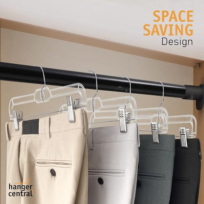 Premium 14 Inch Clear Pants Hangers with Adjustable Clips - 12 Pack Space-Saving Skirt Hangers - Non-Slip Heavy Duty Plastic Closet Organizers with 360° Swivel Hook