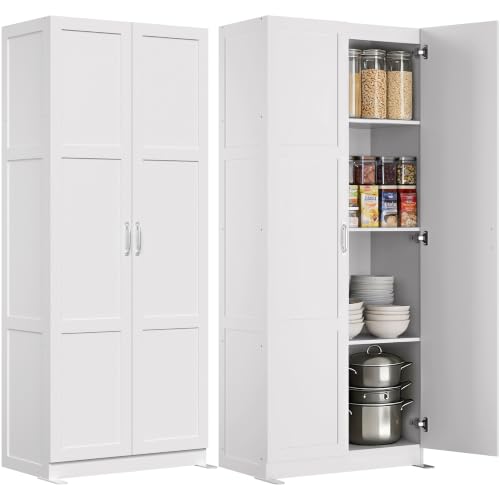 DUMOS Tall Storage Cabinet with Doors and Shelves, Kitchen Pantry Cabinet | 71'' Wood Storage Freestanding Wooden Cabinets for Bedroom, Pantry, Home Office, Dining Room & Living Room, White