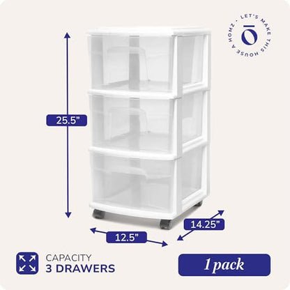 HOMZ 3-Drawer Storage Cart, Plastic Home, Dorm, & Office Organizer, White Frame | Plastic Organizer with Clear Bin Drawers for Bedroom, Bathroom, Home Office, and Dorm Rooms