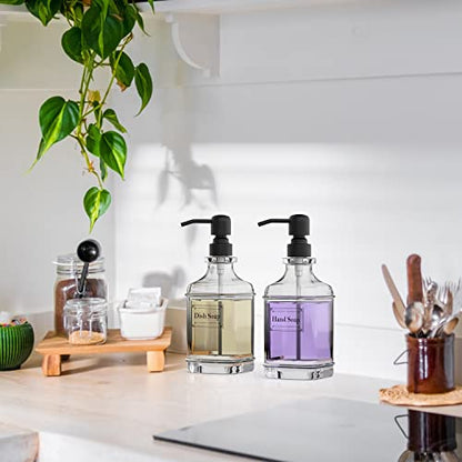 2 Pack Soap Dispenser, 18 Oz Antique Design Thick Glass Hand Dispensers; with 304 Rust Proof Stainless Steel Pump, 6Pcs Clear Stickers, for Kitchen, Bathroom- Black