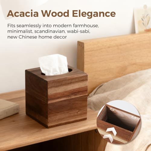 Acacia Wood Tissue Box Cover, Square Wooden Tissue Box Holder for Bathroom | Wooden Cube Tissue Cover with Slide-Out Bottom, Decorative Facial Cube Tissue Holder for Office, Modern Farmhouse Decor